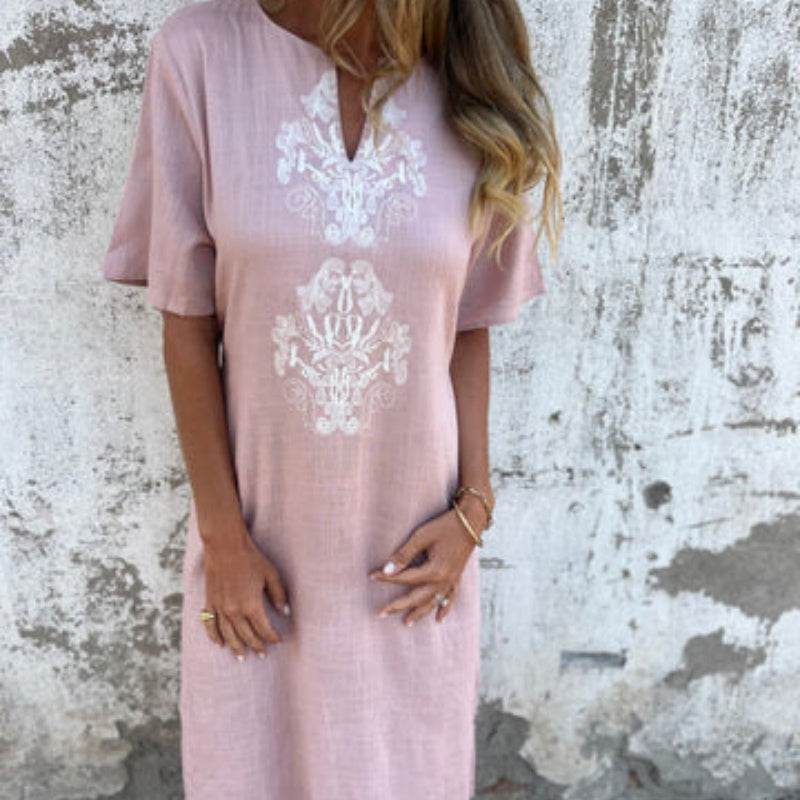 Layla | Damen Leinenkleid mit kurzen Ärmeln und V-Ausschnitt Druck