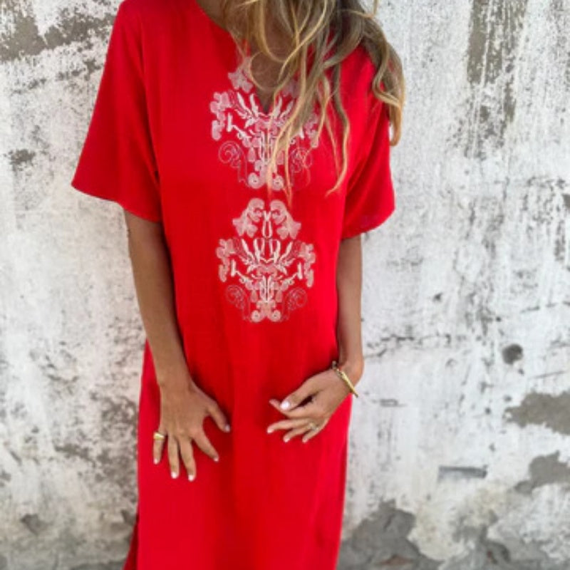 Layla | Damen Leinenkleid mit kurzen Ärmeln und V-Ausschnitt Druck