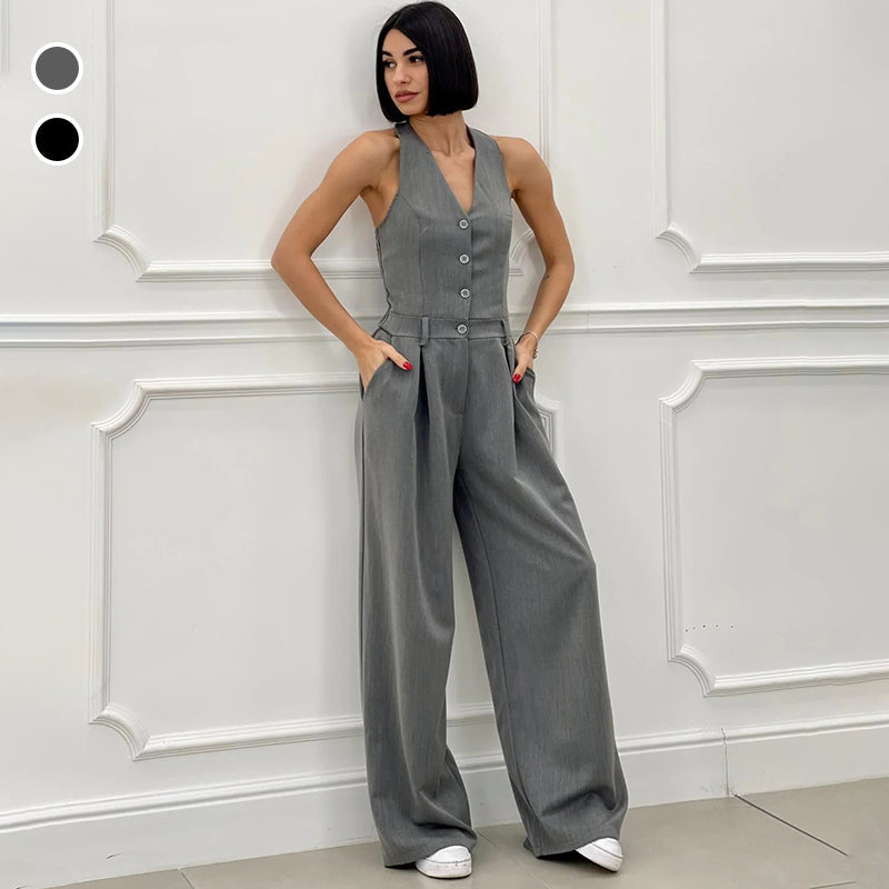 Narella | Ärmelloser Jumpsuit mit Knöpfen und Weitem Bein für Damen