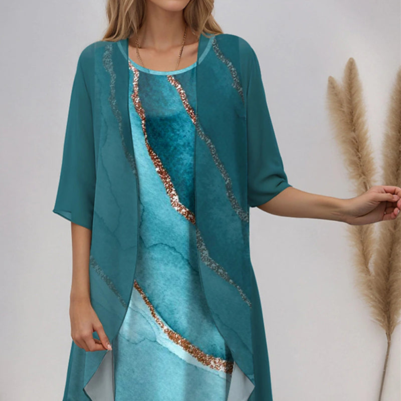 Shawna | Elegantes 2-teiliges Set: Bluse mit halben Ärmeln + Kleid