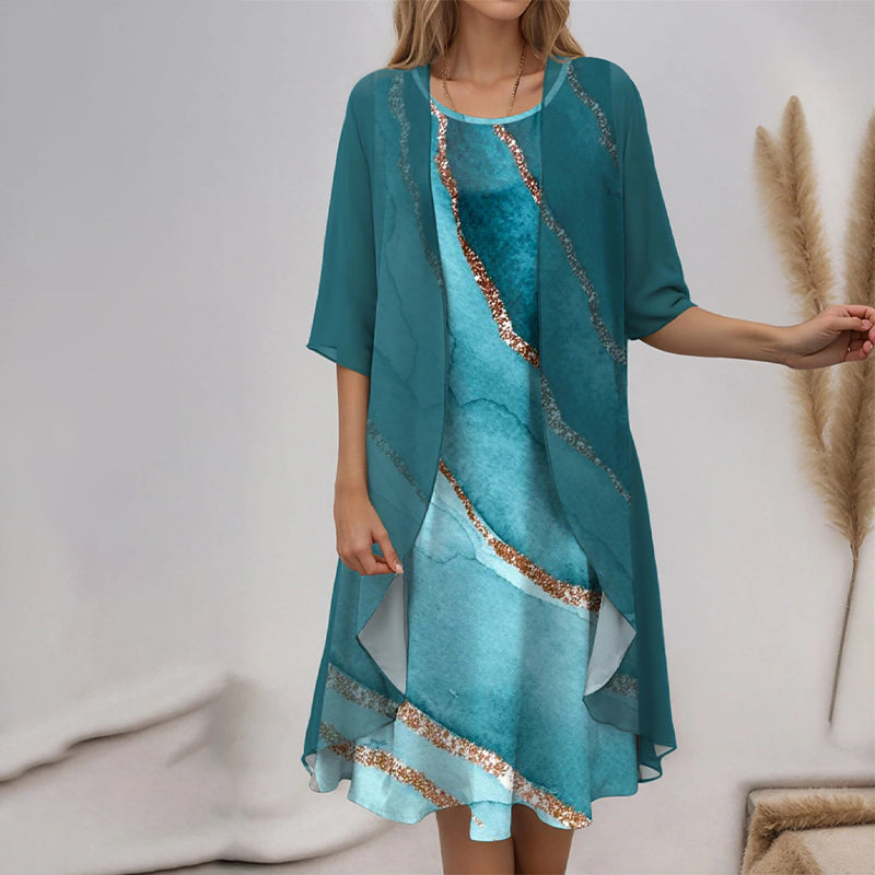 Shawna | Elegantes 2-teiliges Set: Bluse mit halben Ärmeln + Kleid