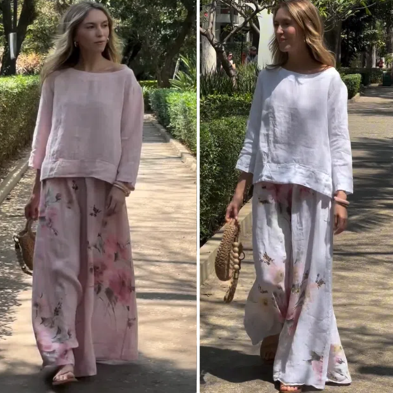 Liora | Zweiteiliges Set mit einfarbigem Oberteil und geblümter Hose