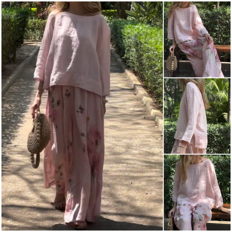 Liora | Zweiteiliges Set mit einfarbigem Oberteil und geblümter Hose