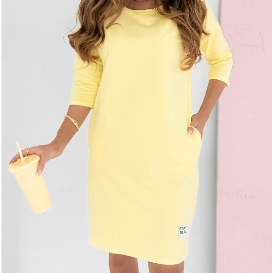 Audrey | Frühlingsangebote Rundhals-Kleid mit 3/4-Ärmeln und Taschen