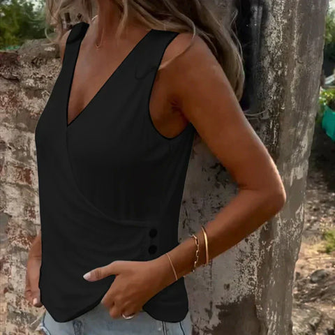 Sintosa | Button-Down Cross-Neck Tank Top – White, Black, Casual Elegant