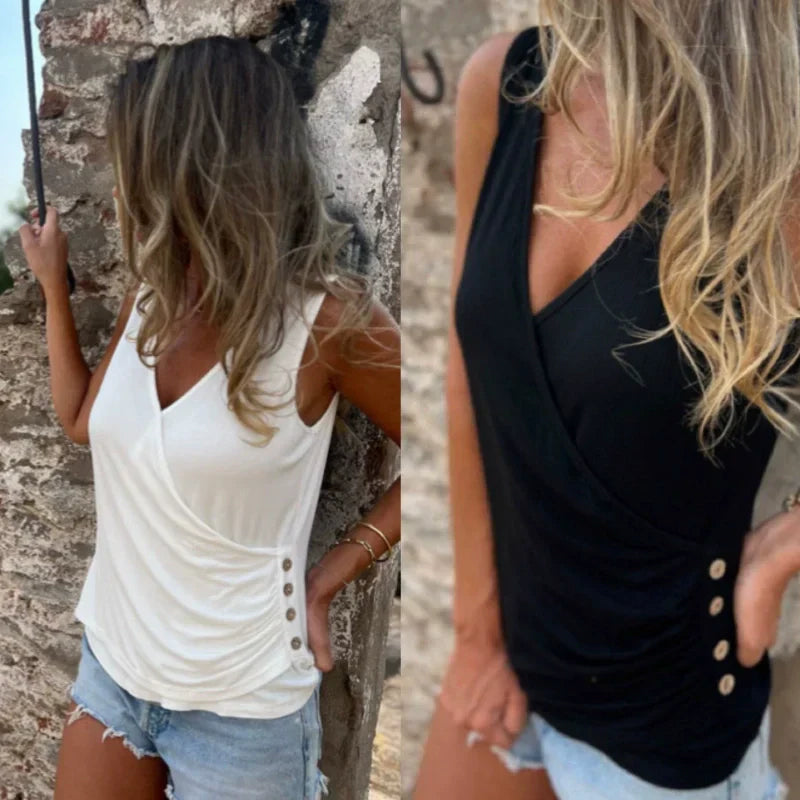 Sintosa | Button-Down Cross-Neck Tank Top – White, Black, Casual Elegant