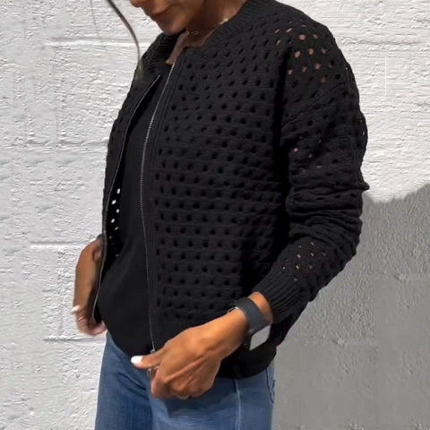 Mekhi | Lässige Strickjacke mit Reißverschluss für Damen mit Lochmuster