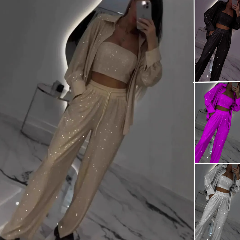 Briana | Glitzer-Blazer mit Pailletten und weiter Hose für Damen 3-teiliges Set