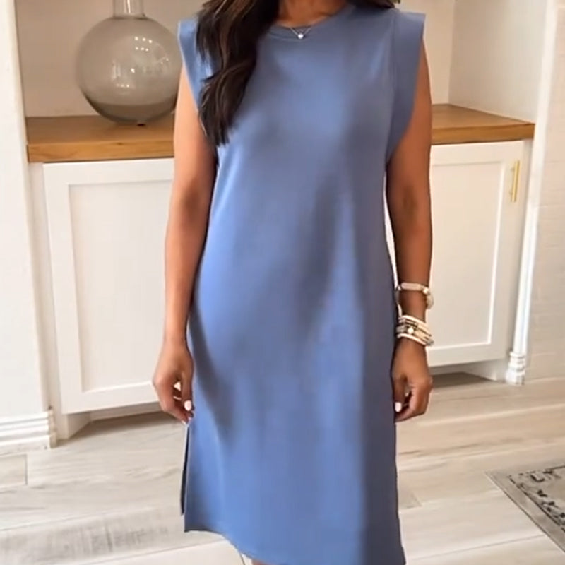 Lockeres Midikleid mit Rundhalsausschnitt und Schlitz und Taschen für Damen