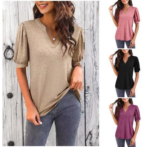 Johan |  Sommer-Specials Damen V-Ausschnitt Lässiges Puff Kurzarm Top Elegantes T-Shirt