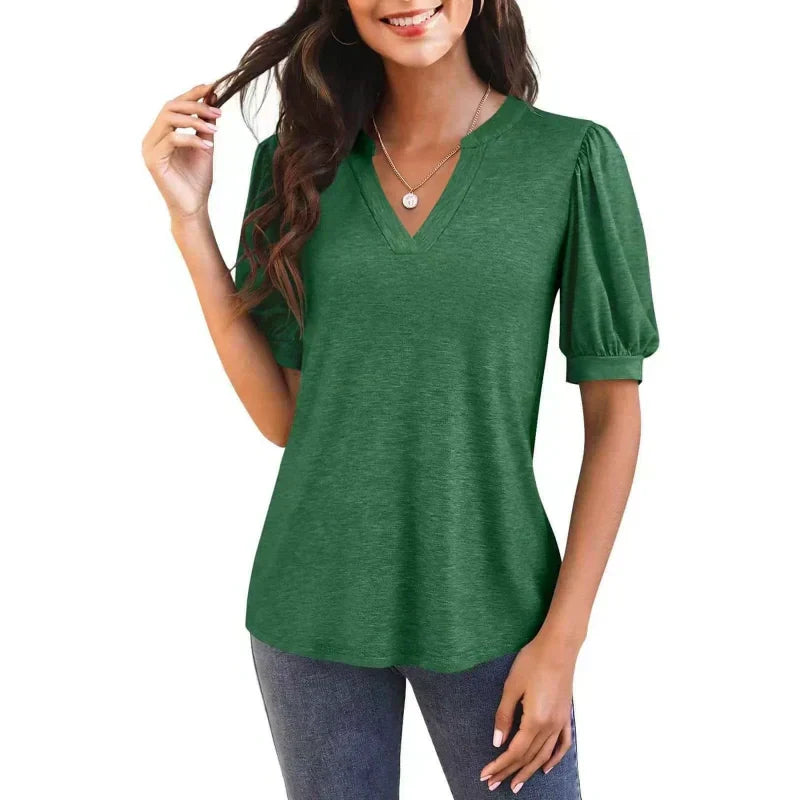 Johan |  Sommer-Specials Damen V-Ausschnitt Lässiges Puff Kurzarm Top Elegantes T-Shirt