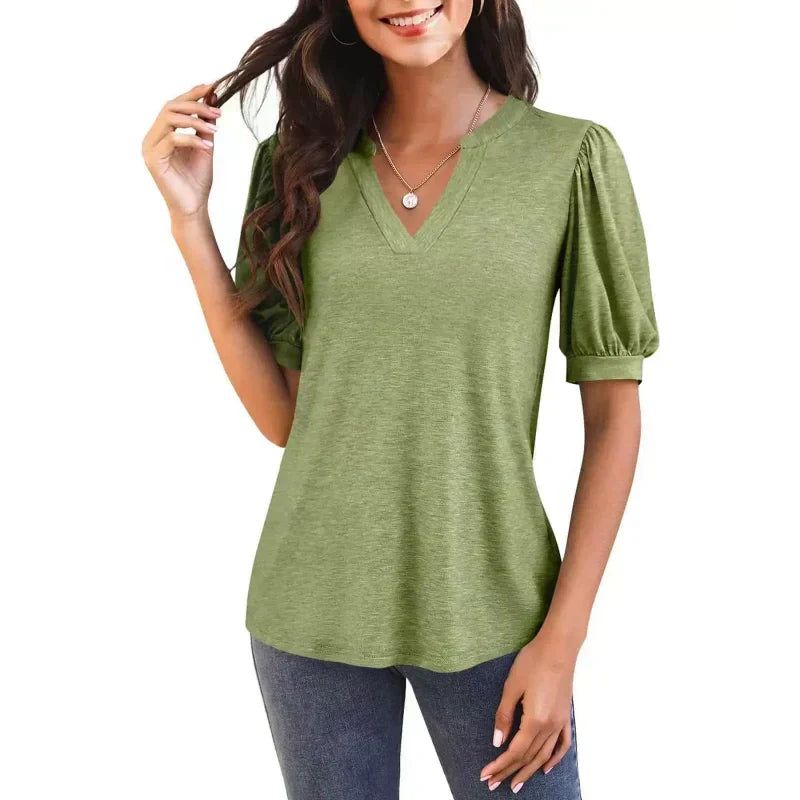 Johan |  Sommer-Specials Damen V-Ausschnitt Lässiges Puff Kurzarm Top Elegantes T-Shirt