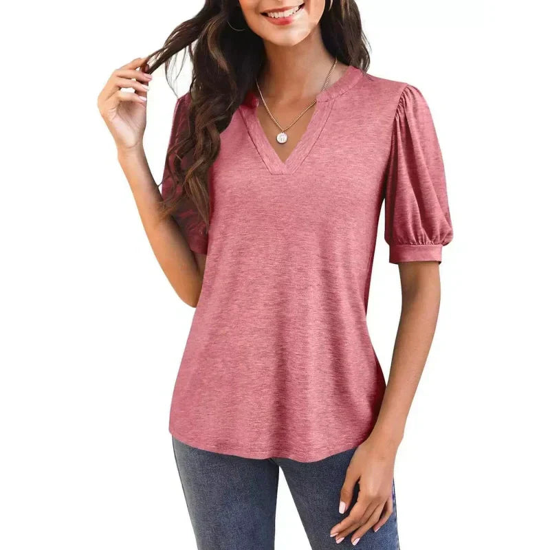 Johan |  Sommer-Specials Damen V-Ausschnitt Lässiges Puff Kurzarm Top Elegantes T-Shirt