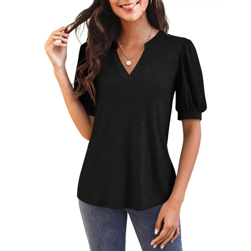 Johan |  Sommer-Specials Damen V-Ausschnitt Lässiges Puff Kurzarm Top Elegantes T-Shirt