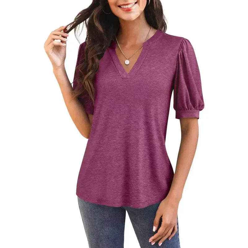 Johan |  Sommer-Specials Damen V-Ausschnitt Lässiges Puff Kurzarm Top Elegantes T-Shirt