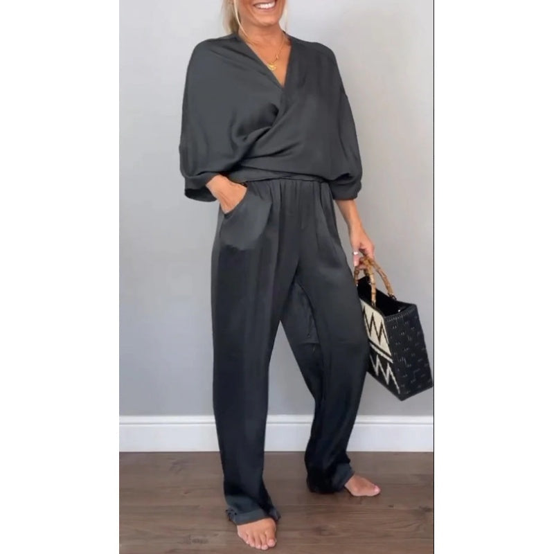 Lunah | Elegantes 2-teiliges Damen-Set mit V-Ausschnitt-Top & mercerisierter Baumwollhose