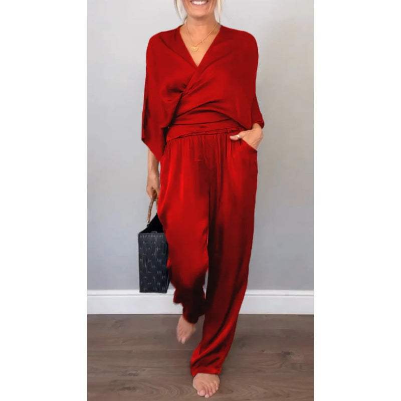 Lunah | Elegantes 2-teiliges Damen-Set mit V-Ausschnitt-Top & mercerisierter Baumwollhose