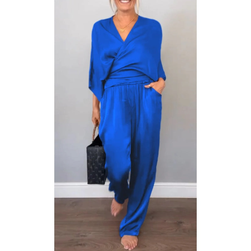 Lunah | Elegantes 2-teiliges Damen-Set mit V-Ausschnitt-Top & mercerisierter Baumwollhose