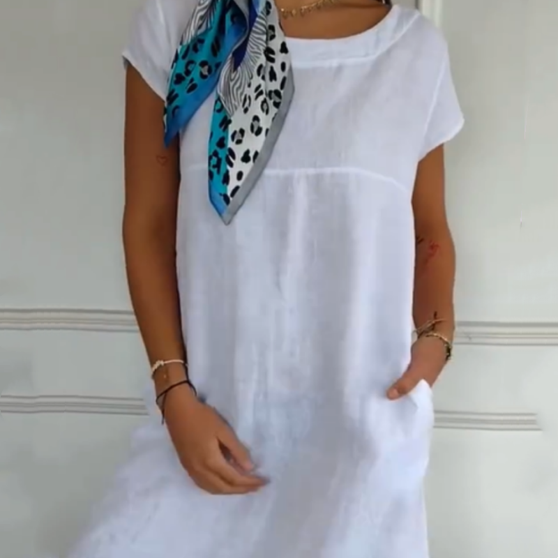 Semaj | Damen Leinenkleid mit Rundhalsausschnitt und kurzen Ärmeln