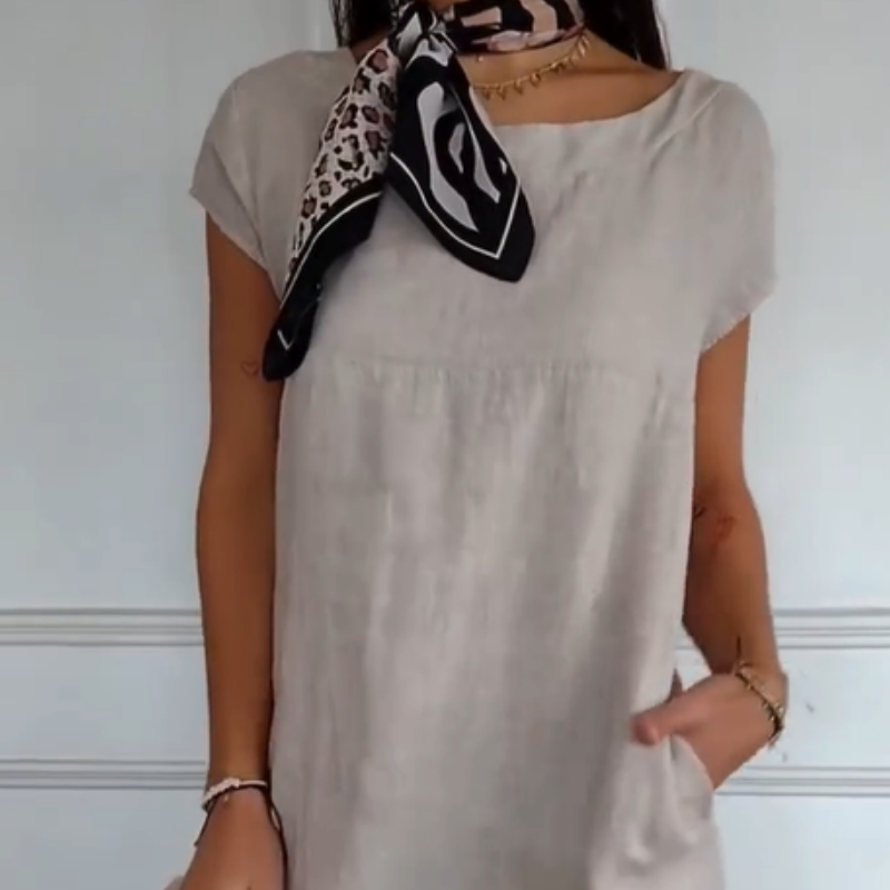 Semaj | Damen Leinenkleid mit Rundhalsausschnitt und kurzen Ärmeln