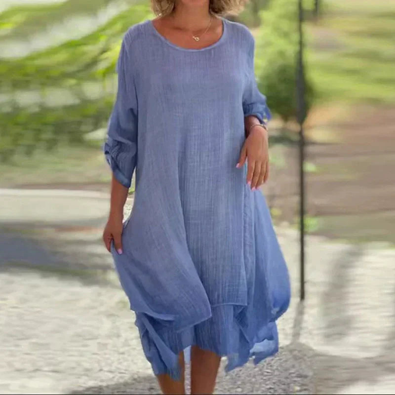 Yosef | Damen elegantes einfarbiges lockeres Kleid mit Rundhalsausschnitt