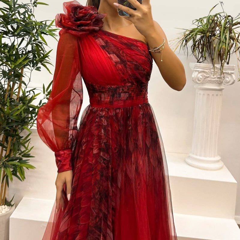 Deen | Damen modisches bedrucktes Kleid mit schräger Schulter aus Mesh