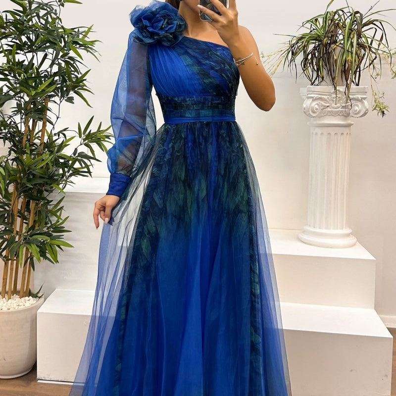 Deen | Damen modisches bedrucktes Kleid mit schräger Schulter aus Mesh