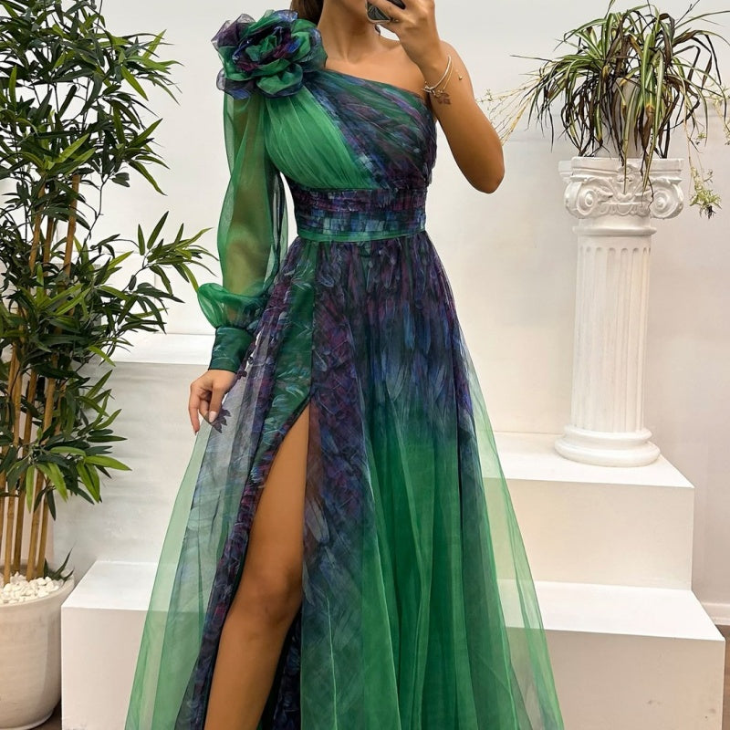 Deen | Damen modisches bedrucktes Kleid mit schräger Schulter aus Mesh