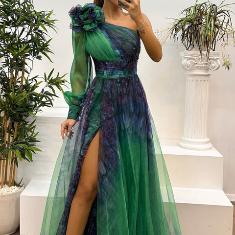 Deen | Damen modisches bedrucktes Kleid mit schräger Schulter aus Mesh