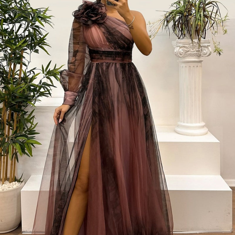 Deen | Damen modisches bedrucktes Kleid mit schräger Schulter aus Mesh