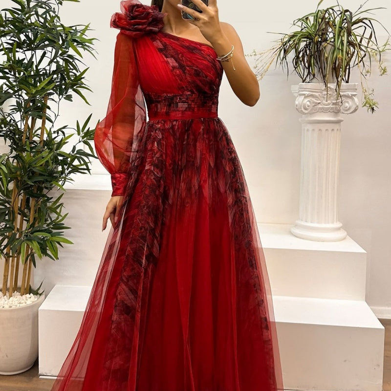 Deen | Damen modisches bedrucktes Kleid mit schräger Schulter aus Mesh