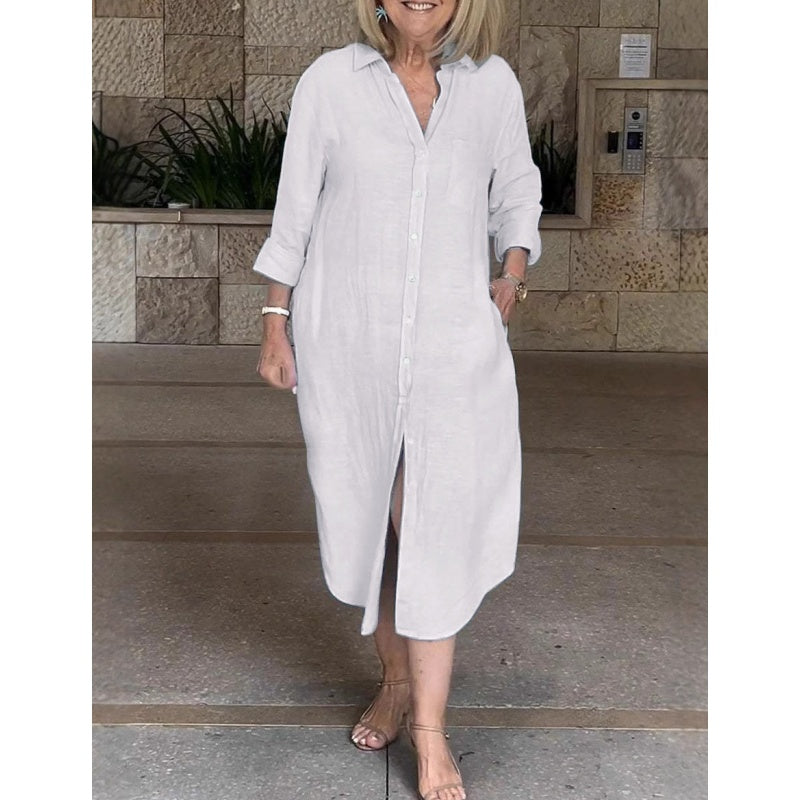 Ayden | Damen lässiges Baumwoll-Leinen-Langarmhemdkleid