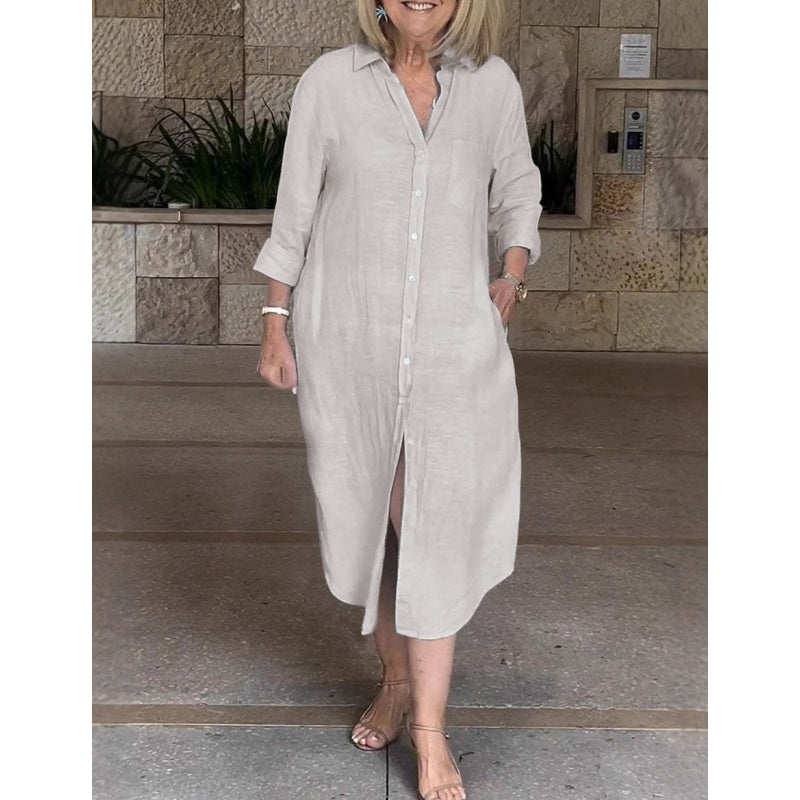 Ayden | Damen lässiges Baumwoll-Leinen-Langarmhemdkleid