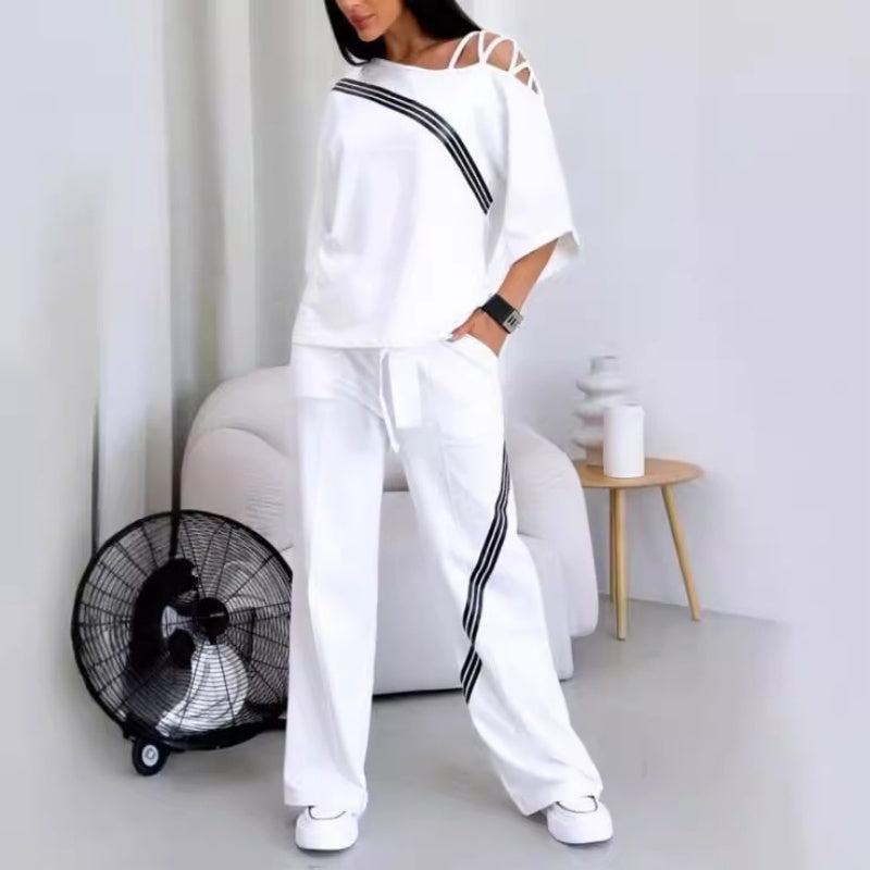 Blaely | Damen gestreifte Kurzarm-Oberteile & Hosen Zweiteiliges Set