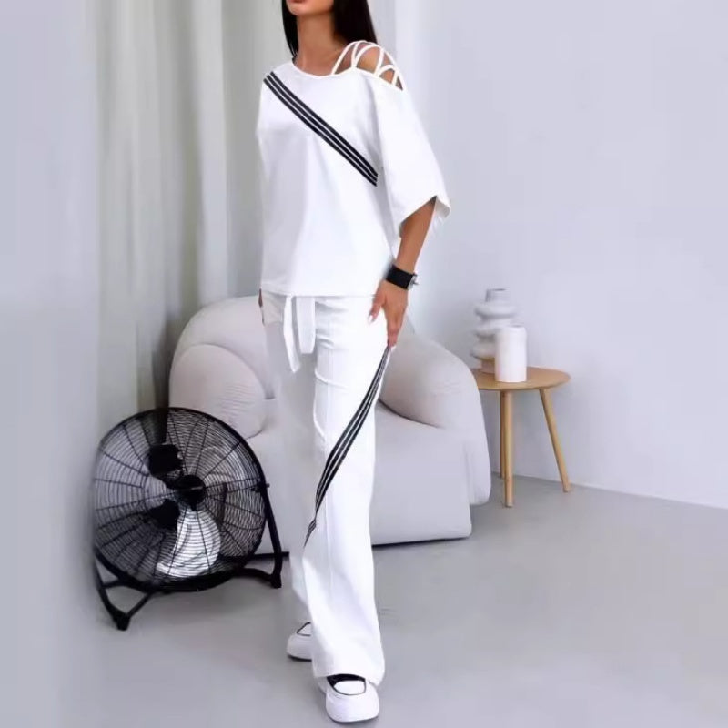 Blaely | Damen gestreifte Kurzarm-Oberteile & Hosen Zweiteiliges Set