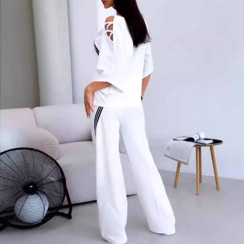 Blaely | Damen gestreifte Kurzarm-Oberteile & Hosen Zweiteiliges Set