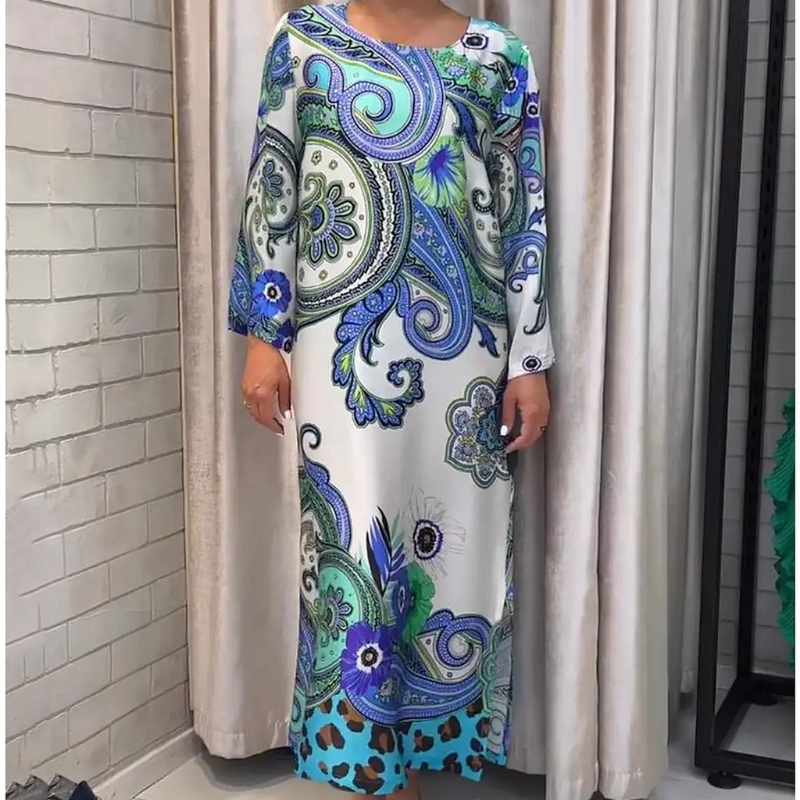 Isabelle | Elegantes langes Kleid mit Rundhalsausschnitt und Blumendruck