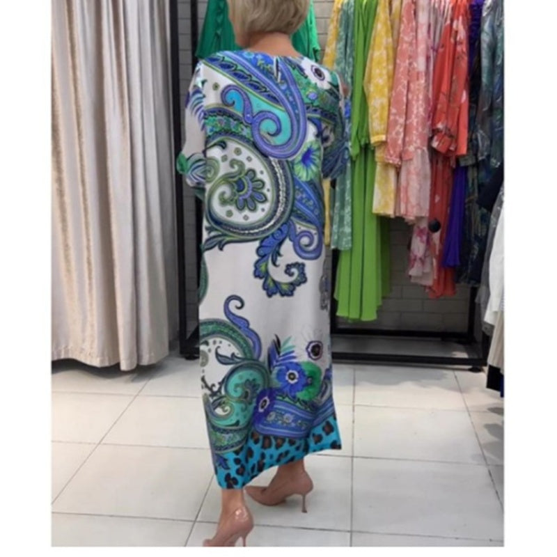 Isabelle | Elegantes langes Kleid mit Rundhalsausschnitt und Blumendruck