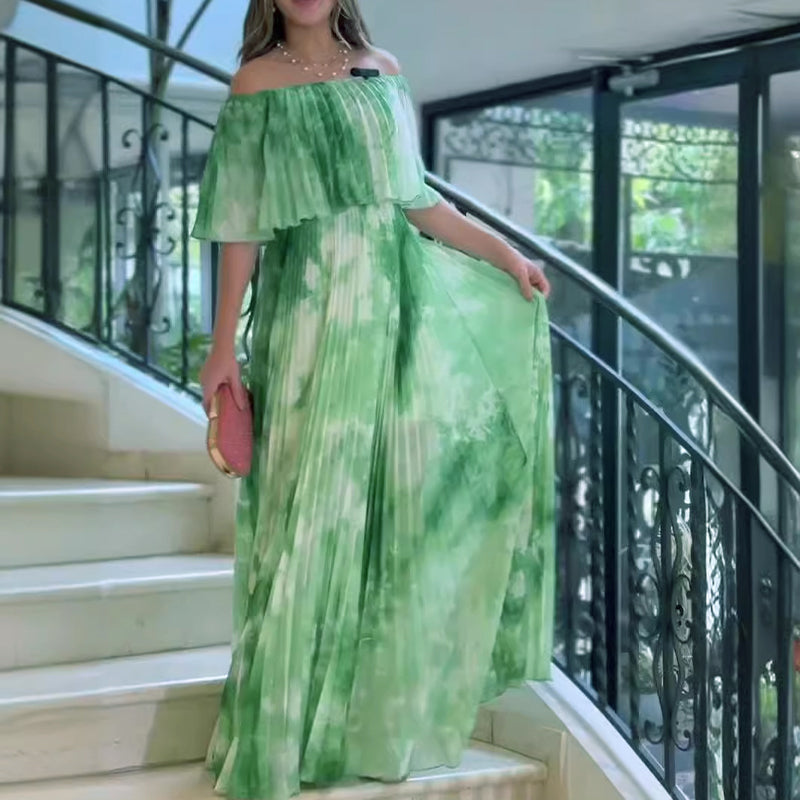 Pia | Bedrucktes, plissiertes Off-Shoulder-Kleid für Damen