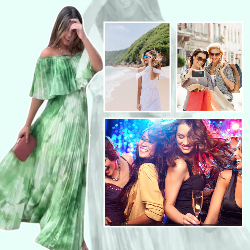 Pia | Bedrucktes, plissiertes Off-Shoulder-Kleid für Damen