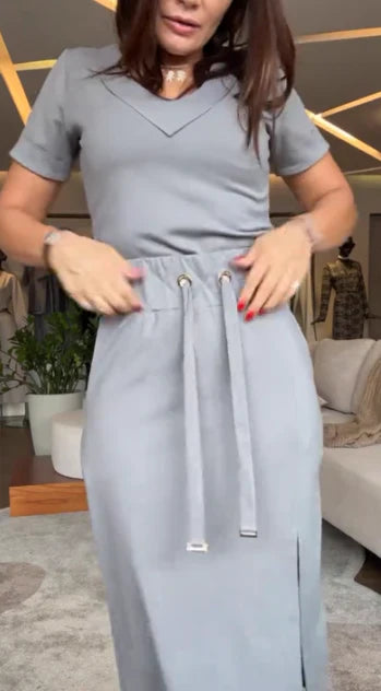 Pierce | Damen V-Ausschnitt T-Shirt und Midirock-Set