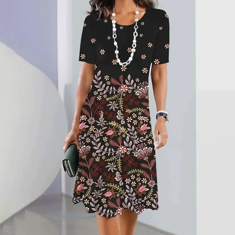 Autumn | Damen elegantes Kleid mit Rundhalsausschnitt in Blumenprint