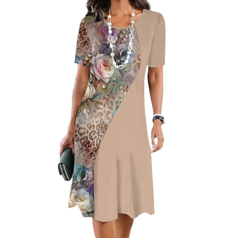 Autumn | Damen elegantes Kleid mit Rundhalsausschnitt in Blumenprint