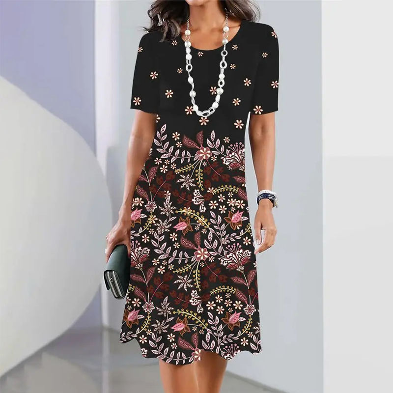 Autumn | Damen elegantes Kleid mit Rundhalsausschnitt in Blumenprint