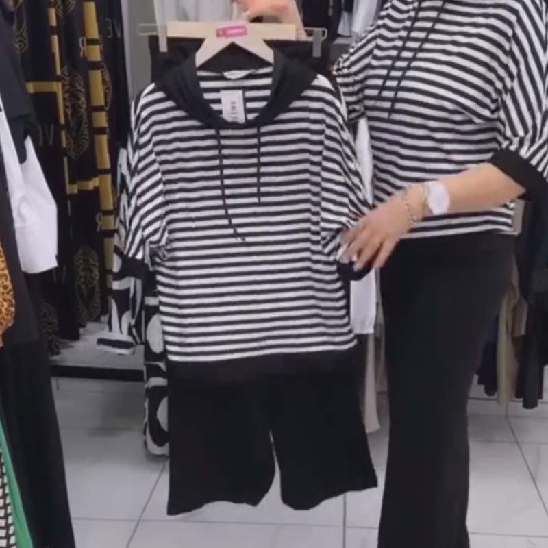 May | Damenoberteil mit Streifen und einfarbiges Hosen-Set