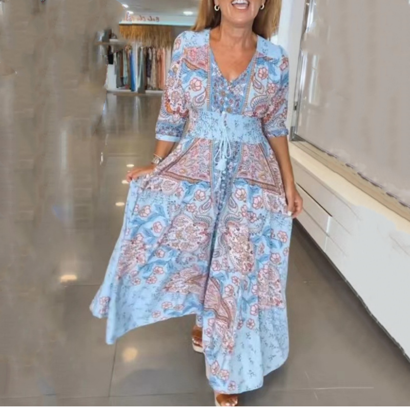 Melisa | Langes elegantes Blumenmuster-Kleid mit Kordel für Damen