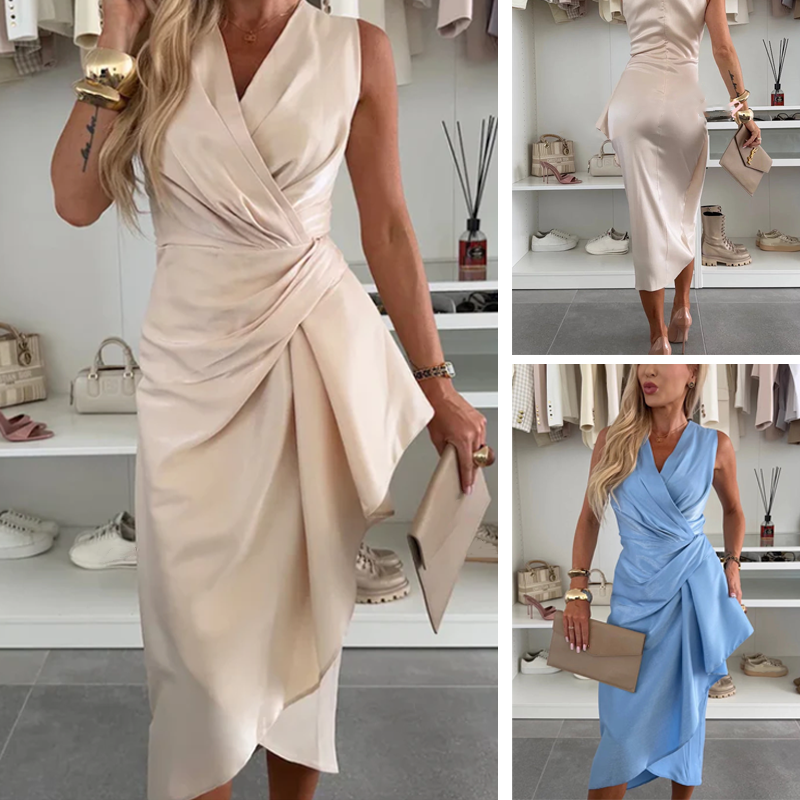 Rosalind | V-förmiges Satin-Midi-Kleid mit Rüschenausschnitt und unregelmäßigem Saum