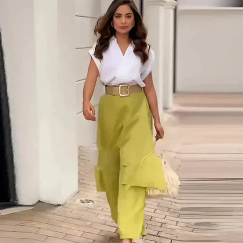 Jamie | Damen Elegantes Zweiteiler-Set: Top mit V-Ausschnitt & Hose mit Weiten Hosenbeinen