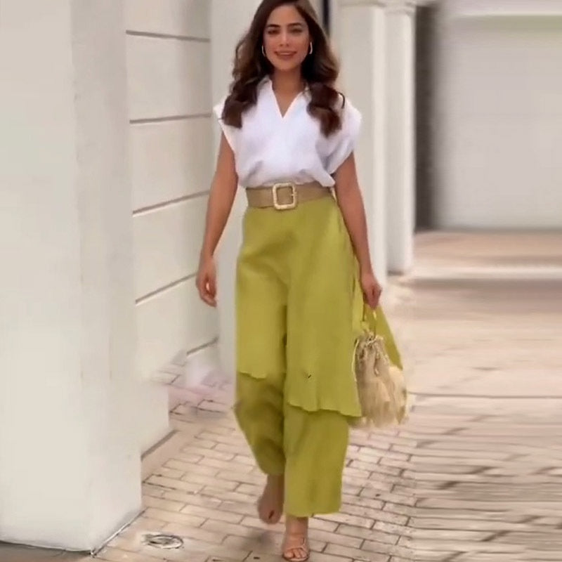 Brennan | Damen Elegantes Zweiteiler-Set: Top mit V-Ausschnitt & Hose mit Weiten Beinen