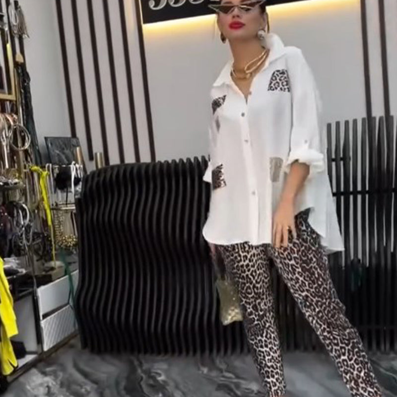 Nicole | Damen lässiges, modisches zweiteiliges Set mit Leopardenmuster